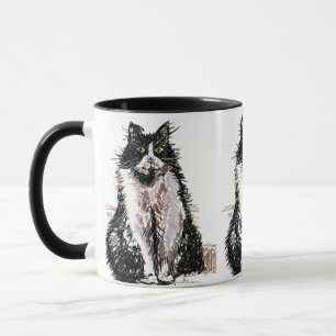 Cute Tuxedo Cat Black White Teckning art Mugg