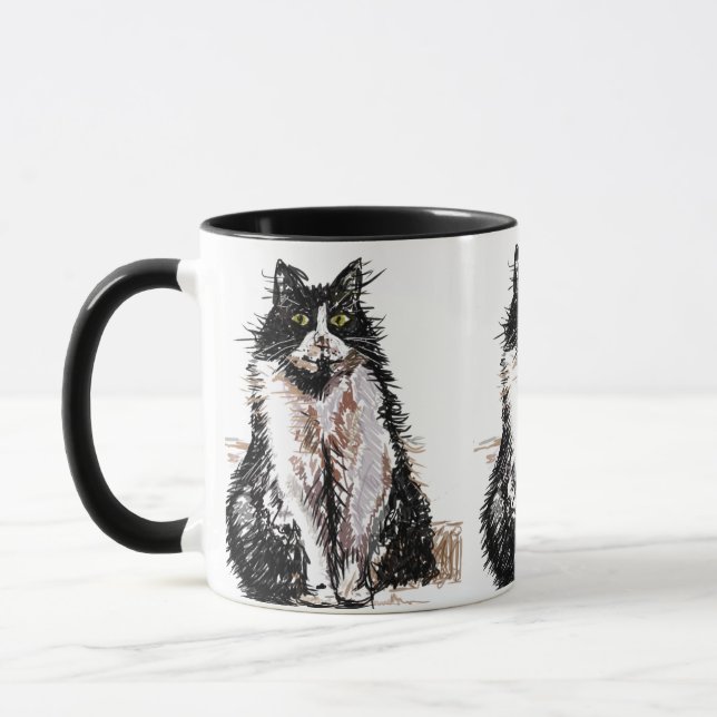 Cute Tuxedo Cat Black White Teckning art Mugg (Vänster)