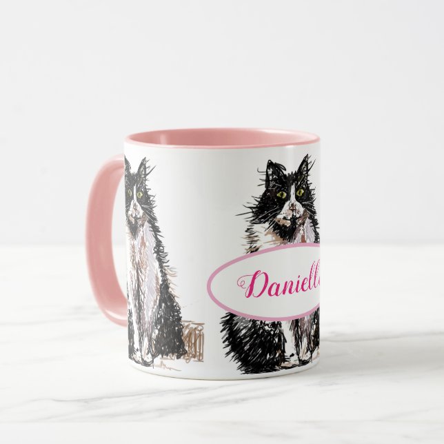 Cute Tuxedo Cat Black White Teckning art Mugg (Framsida vänster)