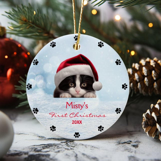 Cute Tuxedo Cat Paw Print Personlig Julgransprydnad Keramik (Skapare uppladdad)