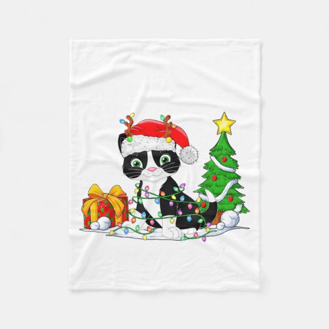 Cute Tuxedo Cat Santa Christmas Tree Lights Xmas T Fleecefilt (Framsidan)