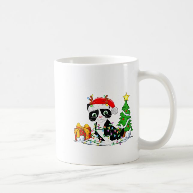 Cute Tuxedo Cat Santa Christmas Tree Lights Xmas T Kaffemugg (Höger)