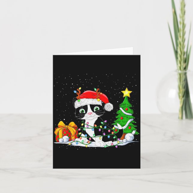 Cute Tuxedo Cat Santa Christmas Tree Lights Xmas T Kort (Framsida)