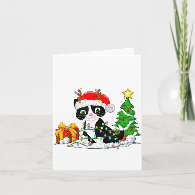 Cute Tuxedo Cat Santa Christmas Tree Lights Xmas T Kort (Framsida)