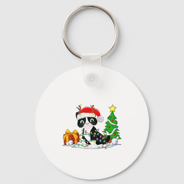 Cute Tuxedo Cat Santa Christmas Tree Lights Xmas T Nyckelring (Framsida)