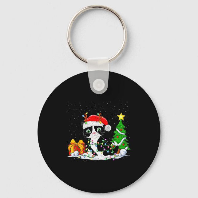Cute Tuxedo Cat Santa Christmas Tree Lights Xmas T Nyckelring (Framsida)