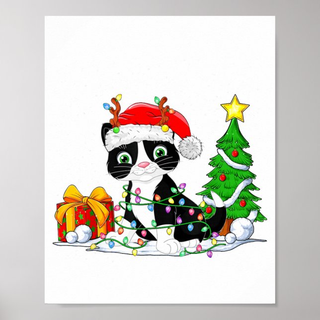 Cute Tuxedo Cat Santa Christmas Tree Lights Xmas T Poster (Framsidan)