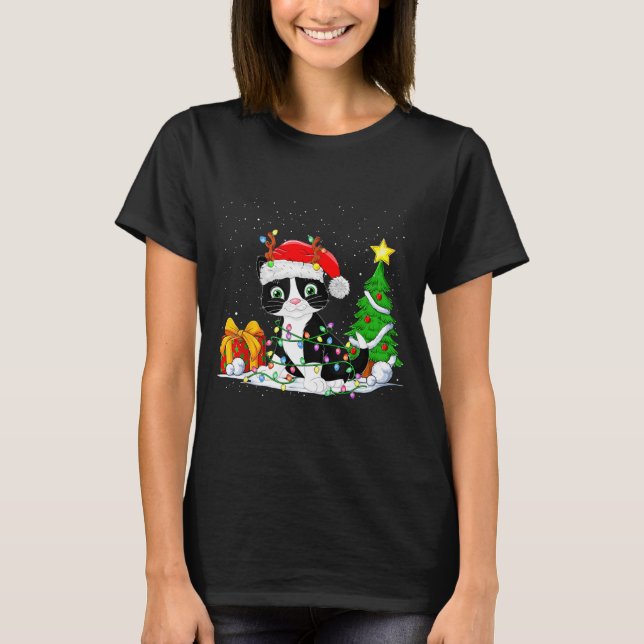 Cute Tuxedo Cat Santa Christmas Tree Lights Xmas T T Shirt (Framsida)