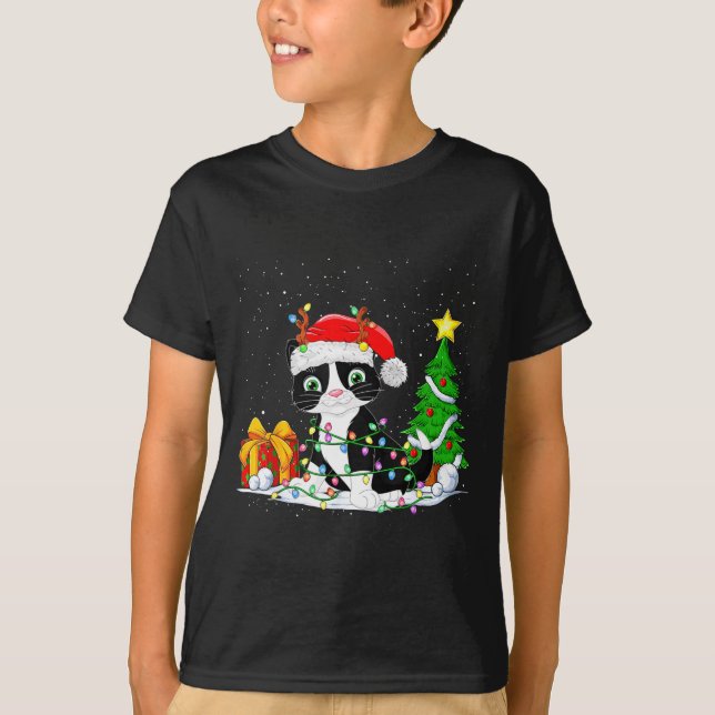 Cute Tuxedo Cat Santa Christmas Tree Lights Xmas T T Shirt (Framsida)