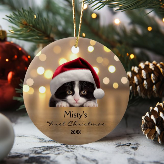 Cute Tuxedo Cat Santa Hat Guld Personlig Julgransprydnad Keramik (Skapare uppladdad)