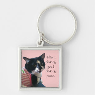 Cute Tuxedo Cat Tänka of Peace Keychains Fyrkantig Silverfärgad Nyckelring