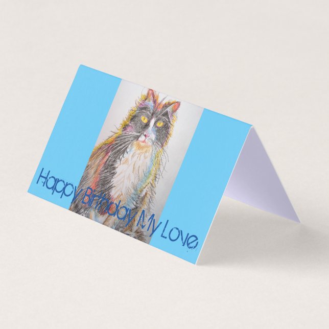 Cute Tuxedo Cat Teckning Kärlek födelsedagskort Kort (Framsida)