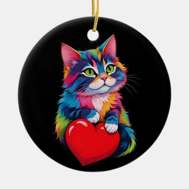 Cute Tuxedo Cat Valentine Day Heart Cat Lover Julgransprydnad Keramik (Framsidan)