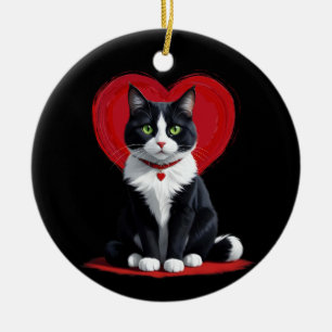 Cute Tuxedo Cat Valentine Day Heart Cat Lover Julgransprydnad Keramik