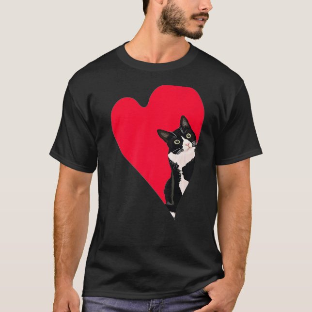 Cute Tuxedo Cat Valentine Heart för Kitten och Ani T Shirt (Framsida)