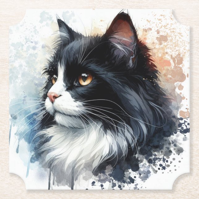 Cute Tuxedo Cat Watercolor Art Underlägg Papper (Framsida)