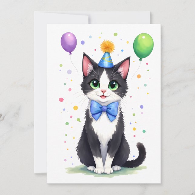 Cute Tuxedo Cat with a Bow Tie Happy Birthday Kort (Framsida)
