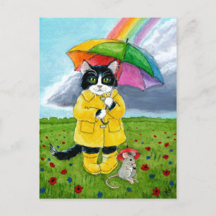 Cute tuxedo-katt, mus, med regnbåge, paraply vykort