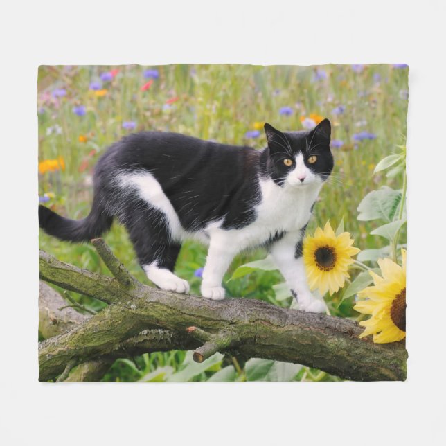 Cute tuxedo-katt på träd gren med solblommor _ fleecefilt (Framsidan (Horisontell))