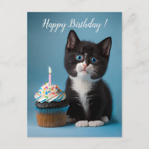 Cute Tuxedo Kitten har en födelsedagskupa åt dig Vykort