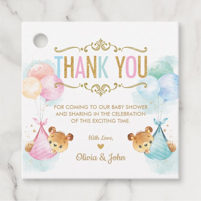 Cute Twillingar Boy Girl Bears Shower Tack Gåvor Etiketter (Framsida)