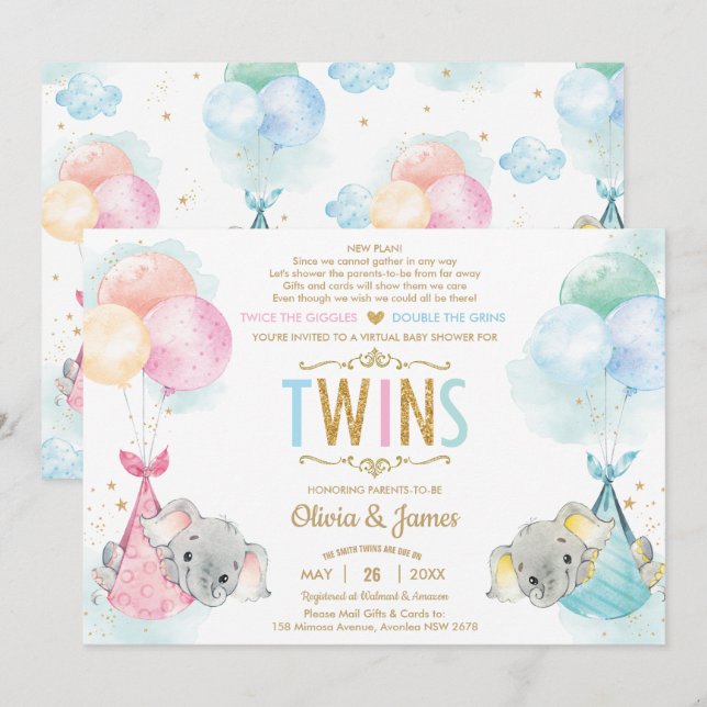 Cute Twillingar Boy Girl Elephant Baby Shower by M Inbjudningar (Fram/baksida)