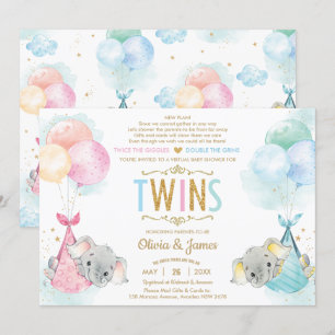 Cute Twillingar Boy Girl Elephant Baby Shower by M Inbjudningar
