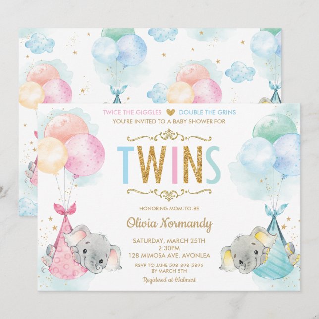 Cute Twillingar Boy Girl Elephant Baby Shower Spri Inbjudningar (Fram/baksida)