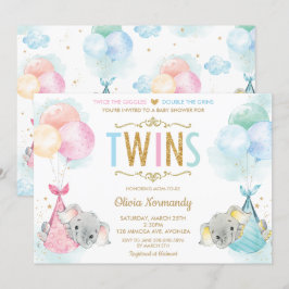 Cute Twillingar Boy Girl Elephant Baby Shower Spri Inbjudningar
