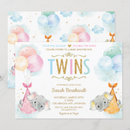 Cute Twillingar Boy Girl Elephant Baby Shower Spri Inbjudningar
