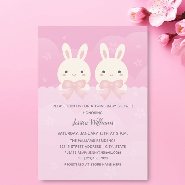 Cute Twillingar Flicka Bunny Theter Baby Shower Inbjudningar (Skapare uppladdad)