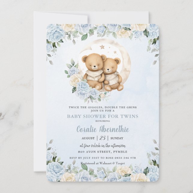 Cute Twillingars Bear Blue Blommigt Twin Boys Baby Inbjudningar (Framsida)