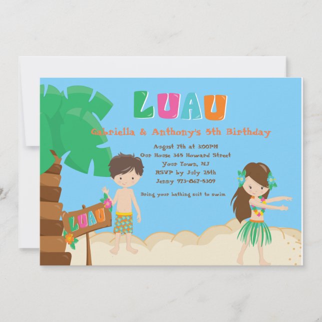 Cute Twillingars Boy & Girl Luau Birthday-inbjudan Inbjudningar (Framsida)