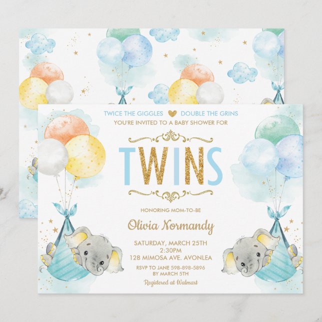 Cute Twillingars Boys Elephant Baby Shower Sprinkl Inbjudningar (Fram/baksida)