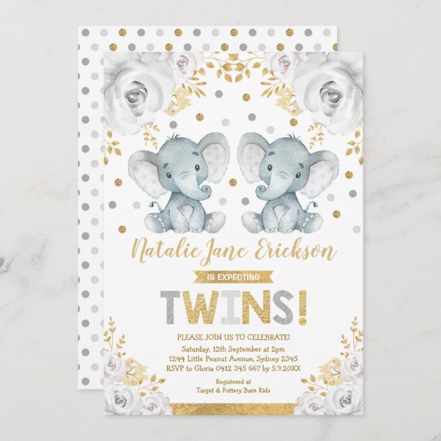 Cute Twillingars Elephant Baby Shower Alabaster Bl Inbjudningar (Fram/baksida)