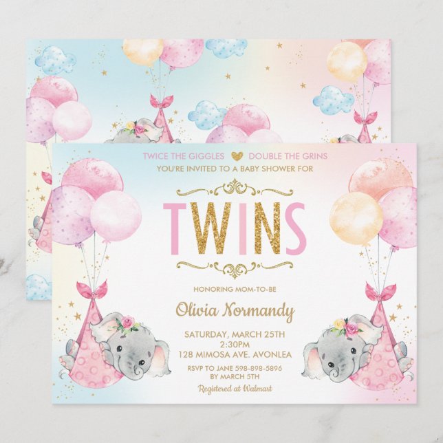 Cute Twillingars Girls Elephant Baby Shower Sprink Inbjudningar (Fram/baksida)
