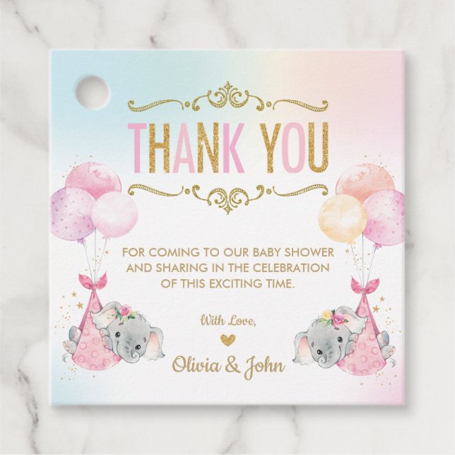 Cute Twillingars Girls Elephant Baby Shower Tack Gåvor Etiketter (Framsida)