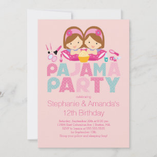 Cute TWILLINGARS Tween Pajama Födelsedagsfest inbj Inbjudningar