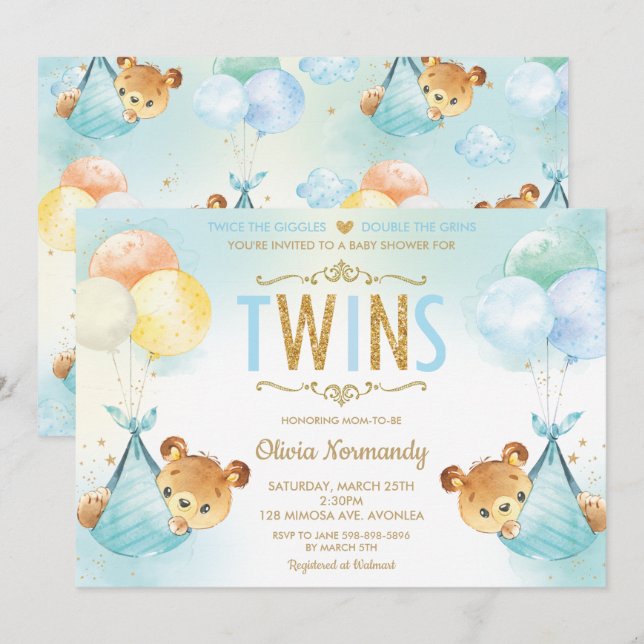 Cute Twillingars Twin Pojke Nalles Baby Shower Inbjudningar (Fram/baksida)