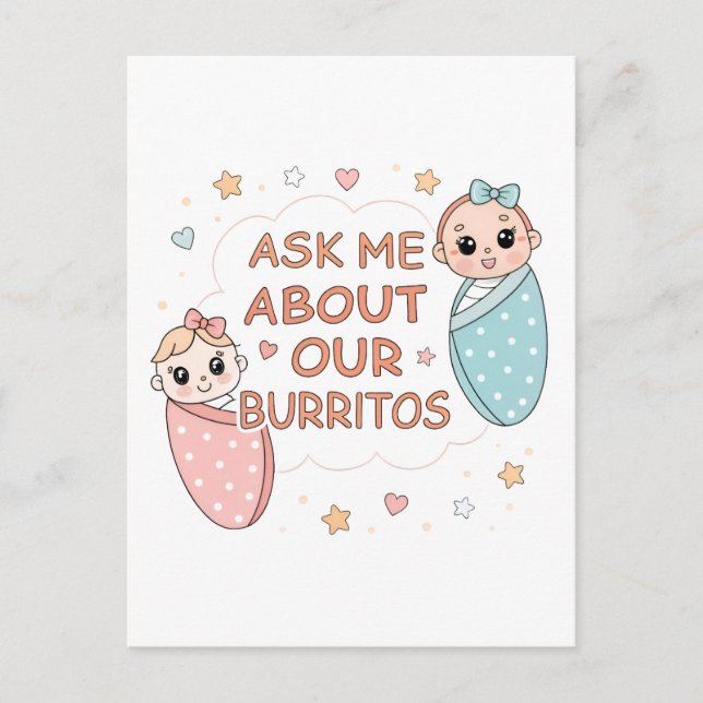Cute Twin Baby Burrito Announcement Illustration Vykort (Framsida)