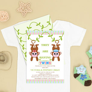 Cute Twin Boy and Girl Monkey Baby Shower Inbjudningar