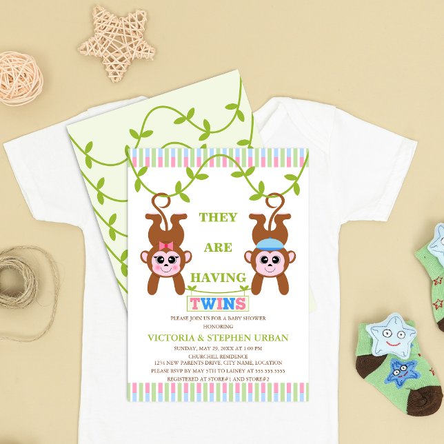 Cute Twin Boy and Girl Monkey Baby Shower Inbjudningar (Cute twin boy and girl monkey baby shower invitation front and back view.)
