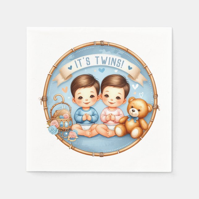 Cute Twin Boys Baby Shower Watercolor Nalle Pappersservett (Framsidan)