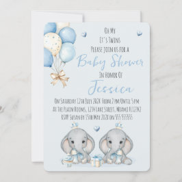 Cute Twin Boys Elephant  Baby Shower Invitation Inbjudningar