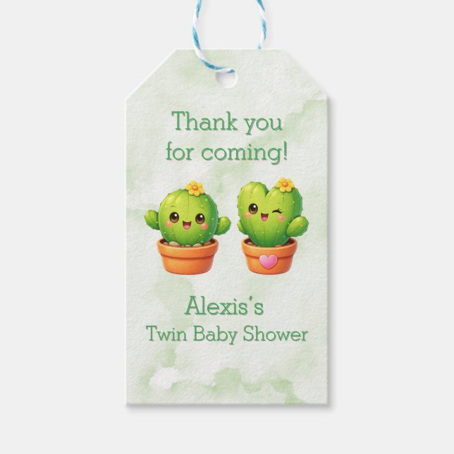 Cute Twin Cactus Baby Shower Thank You Presentetikett (Framsidan)