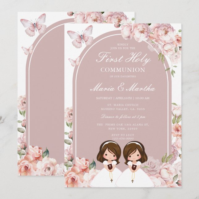 Cute Twin Girl First Heliga Communion Rosa Blommig Inbjudningar (Fram/baksida)
