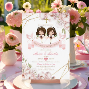 Cute TWIN Girl First Heliga Communion Rosa Blommig Inbjudningar