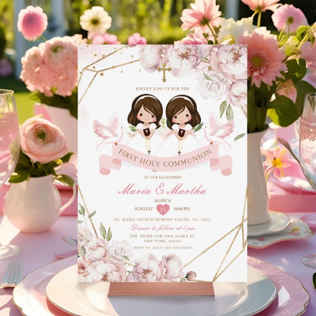 Cute TWIN Girl First Heliga Communion Rosa Blommig Inbjudningar (Skapare uppladdad)