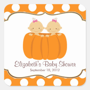 Cute Twin Girl Pumpkin Baby Shower Square-märke! Fyrkantigt Klistermärke