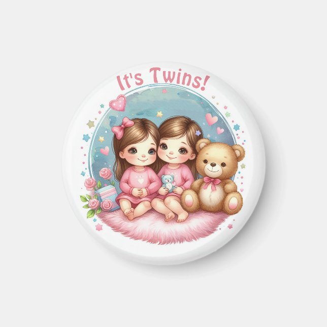 Cute Twin Girl's Baby Shower Watercolor Nalle Magnet (Framsidan)